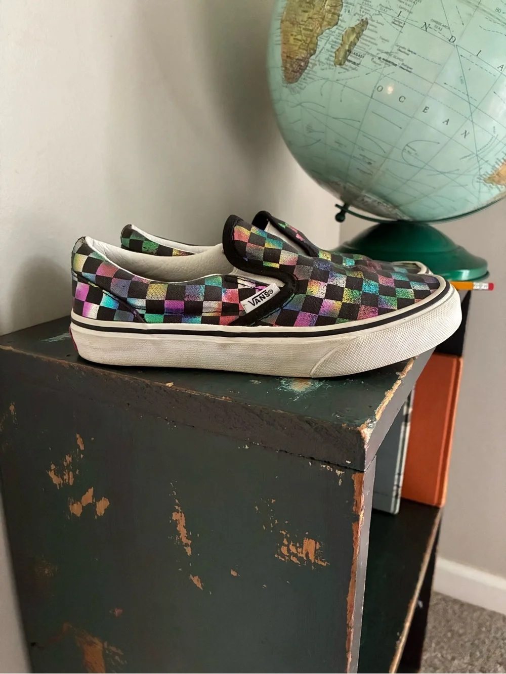Vans Iridescent Rainbow Checkered Slip On Tennis Shoes Kids Size 2